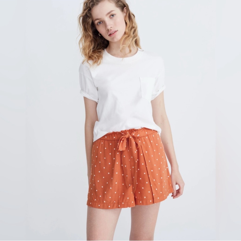 Nwot Madewell Sz M Coral Orange Polka Dot Drapey Pull On Shorts Tie Front